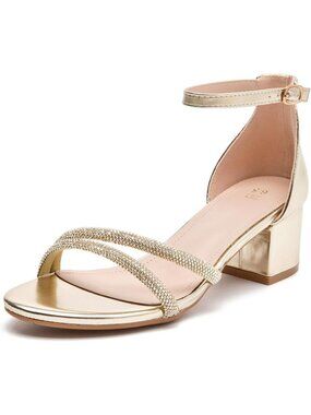 Women's Gold Glitter Open Toe Ankle Strap Chunk Low Heel Strappy Pumps Shoes